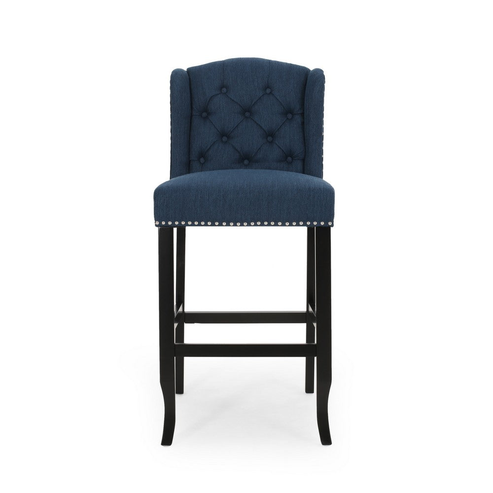 Seliva Barstool Chair Set of 2, Navy Blue Fabric, Brown Wood