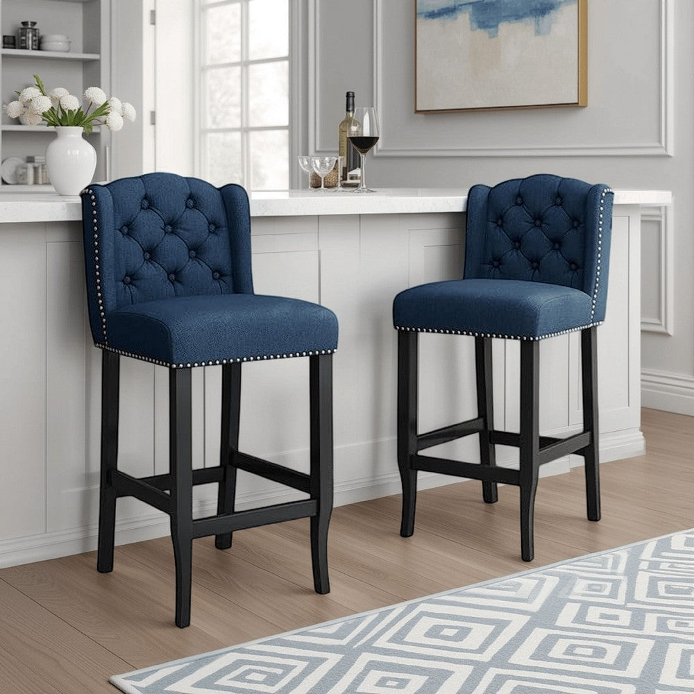 Seliva Barstool Chair Set of 2 Navy Blue Fabric Tufted Back Brown Wood