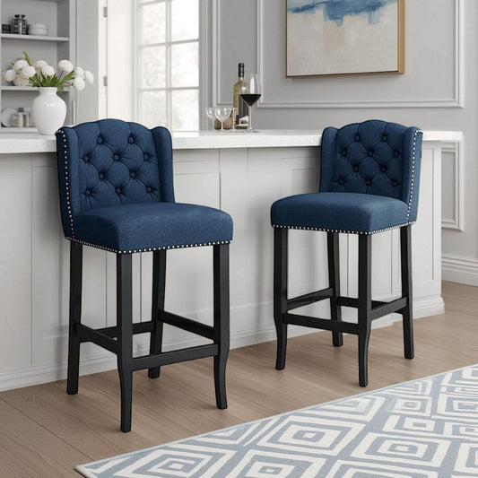 Seliva Barstool Chair Set of 2, Navy Blue Fabric, Tufted Back, Brown Wood