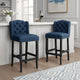 Seliva Barstool Chair Set of 2, Navy Blue Fabric, Tufted Back, Brown Wood