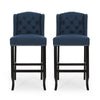 Seliva Barstool Chair Set of 2, Navy Blue Fabric, Brown Wood