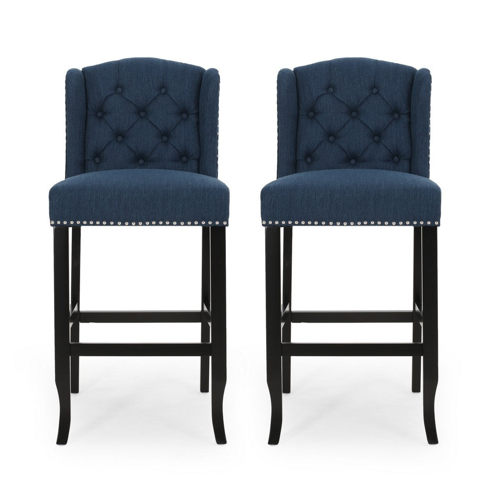 Seliva Barstool Chair Set of 2, Navy Blue Fabric, Brown Wood