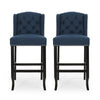 Seliva Barstool Chair Set of 2, Navy Blue Fabric, Tufted Back, Brown Wood