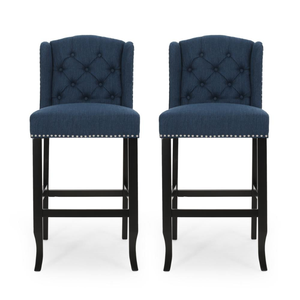 Seliva Barstool Chair Set of 2, Navy Blue Fabric, Tufted Back, Brown Wood