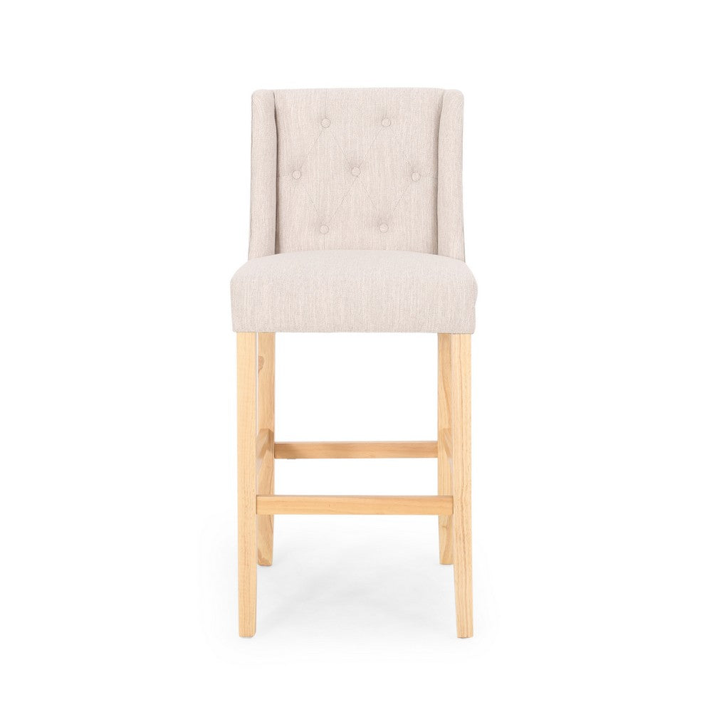 Seliva Barstool Chair Set of 2, Beige Fabric, Brown Wood