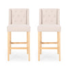 Seliva Barstool Chair Set of 2, Beige Fabric, Tufted Back, Brown Rubberwood