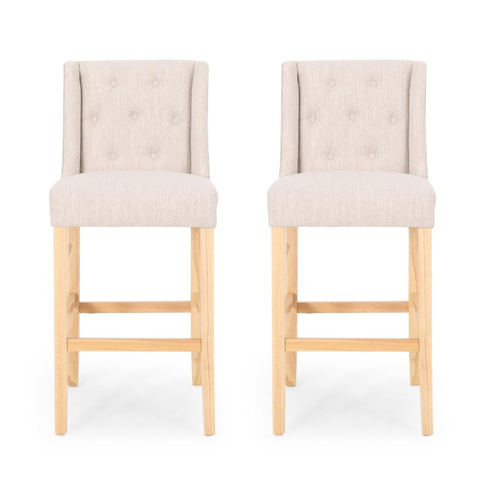 Seliva Barstool Chair Set of 2, Beige Fabric, Tufted Back, Brown Rubberwood