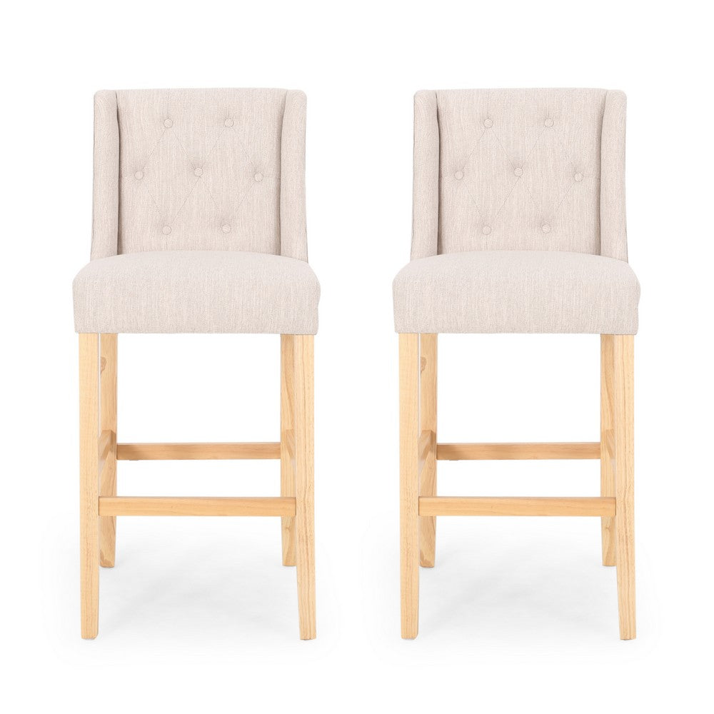 Seliva Barstool Chair Set of 2, Beige Fabric, Brown Wood