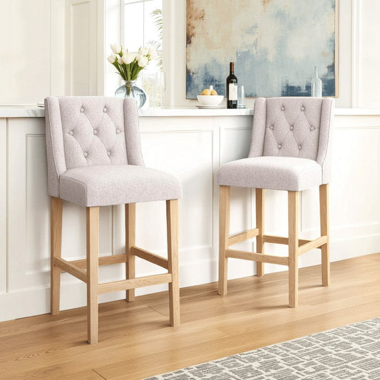Seliva Barstool Chair Set of 2, Beige Fabric, Tufted Back, Brown Rubberwood