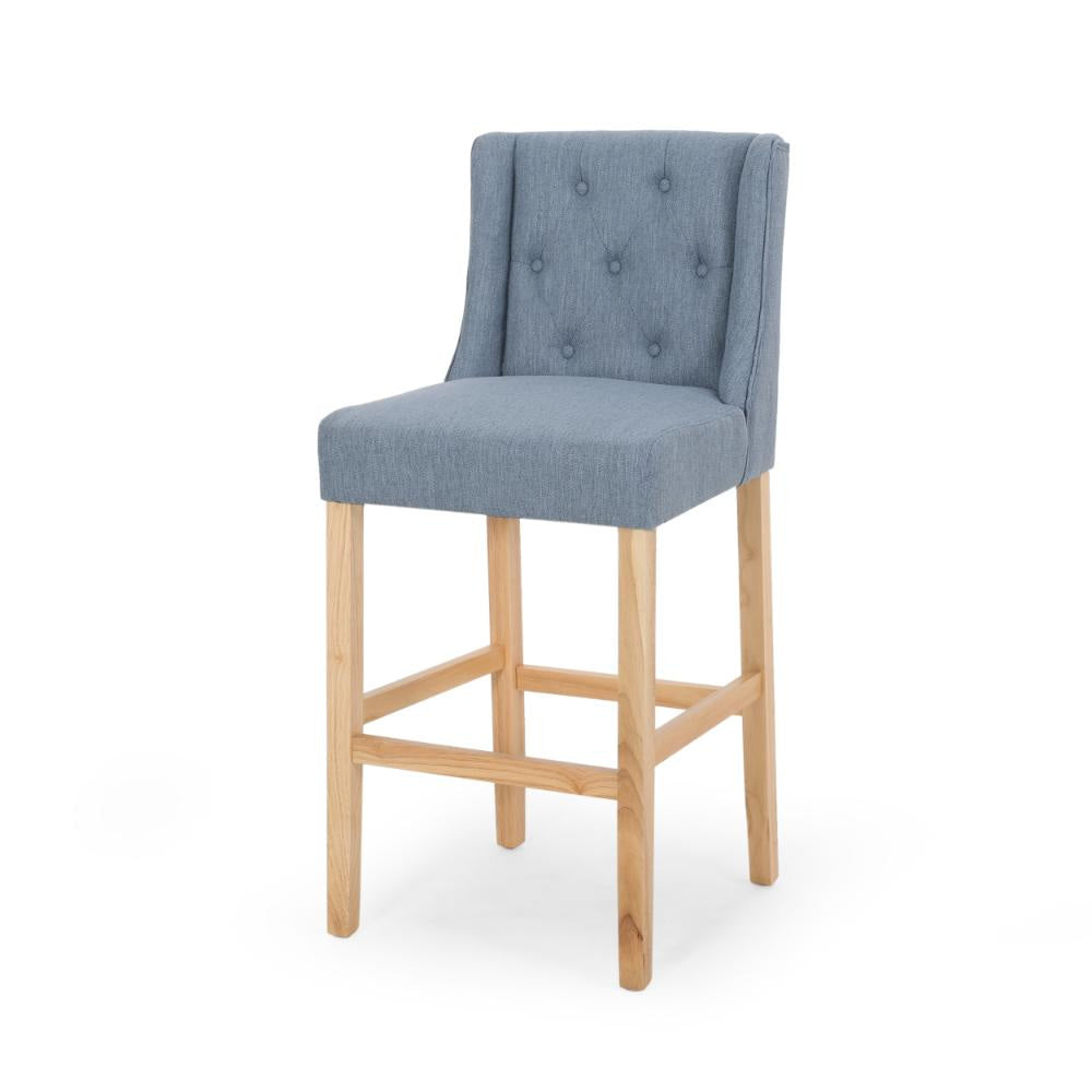 Seliva Barstool Chair Set of 2 Navy Blue Fabric Tufted Back Black Wood