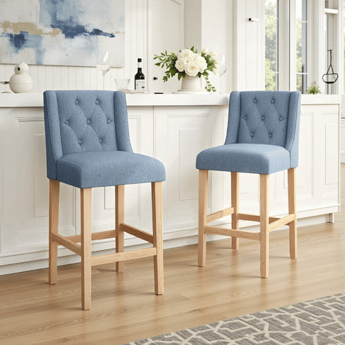 Seliva Barstool Chair Set of 2, Navy Blue Fabric, Tufted Back, Black Wood