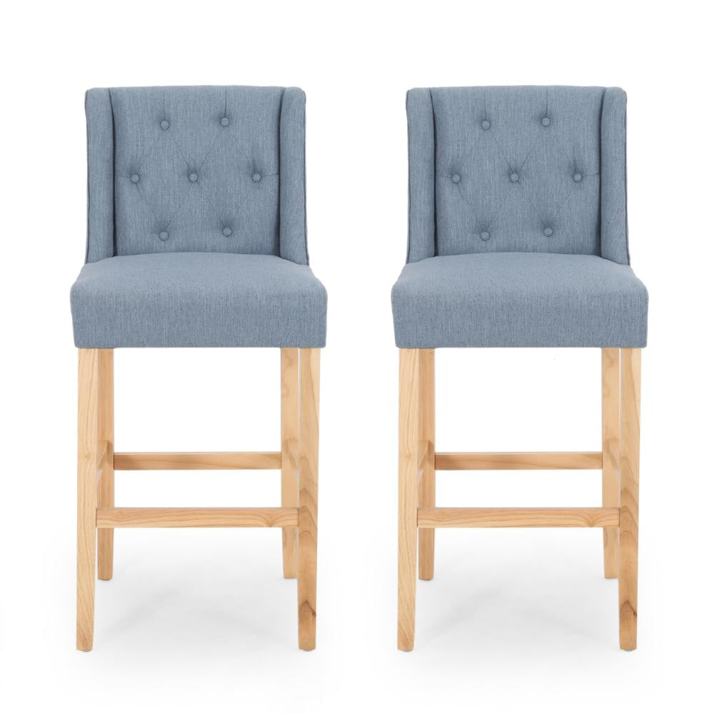 Seliva Barstool Chair Set of 2, Navy Blue Fabric, Tufted Back, Black Wood