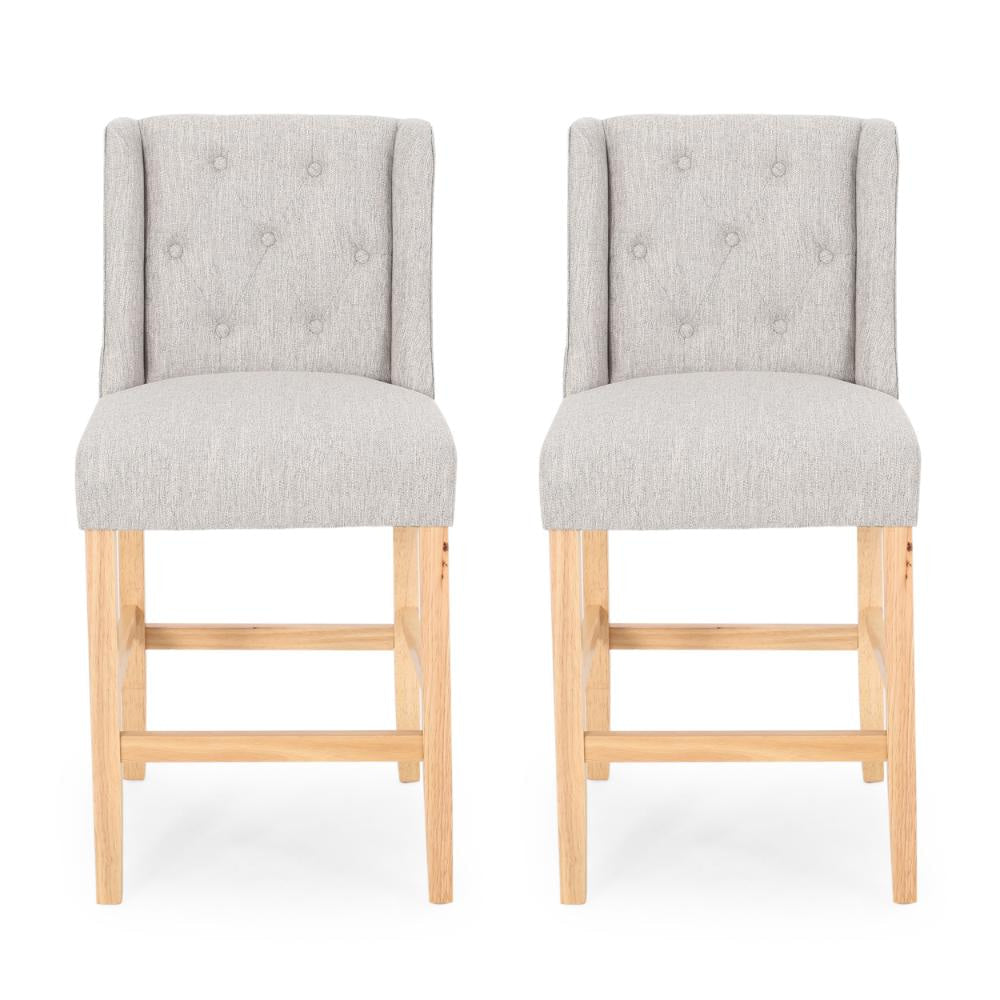 Seliva Counter Stool Chair Set of 2, Light Gray Fabric, Tufted, Brown Wood