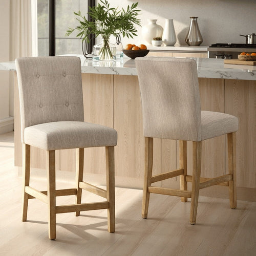 Sika Counter Stool Chair Set of 2, Button Tufted Beige Fabric, Brown Wood