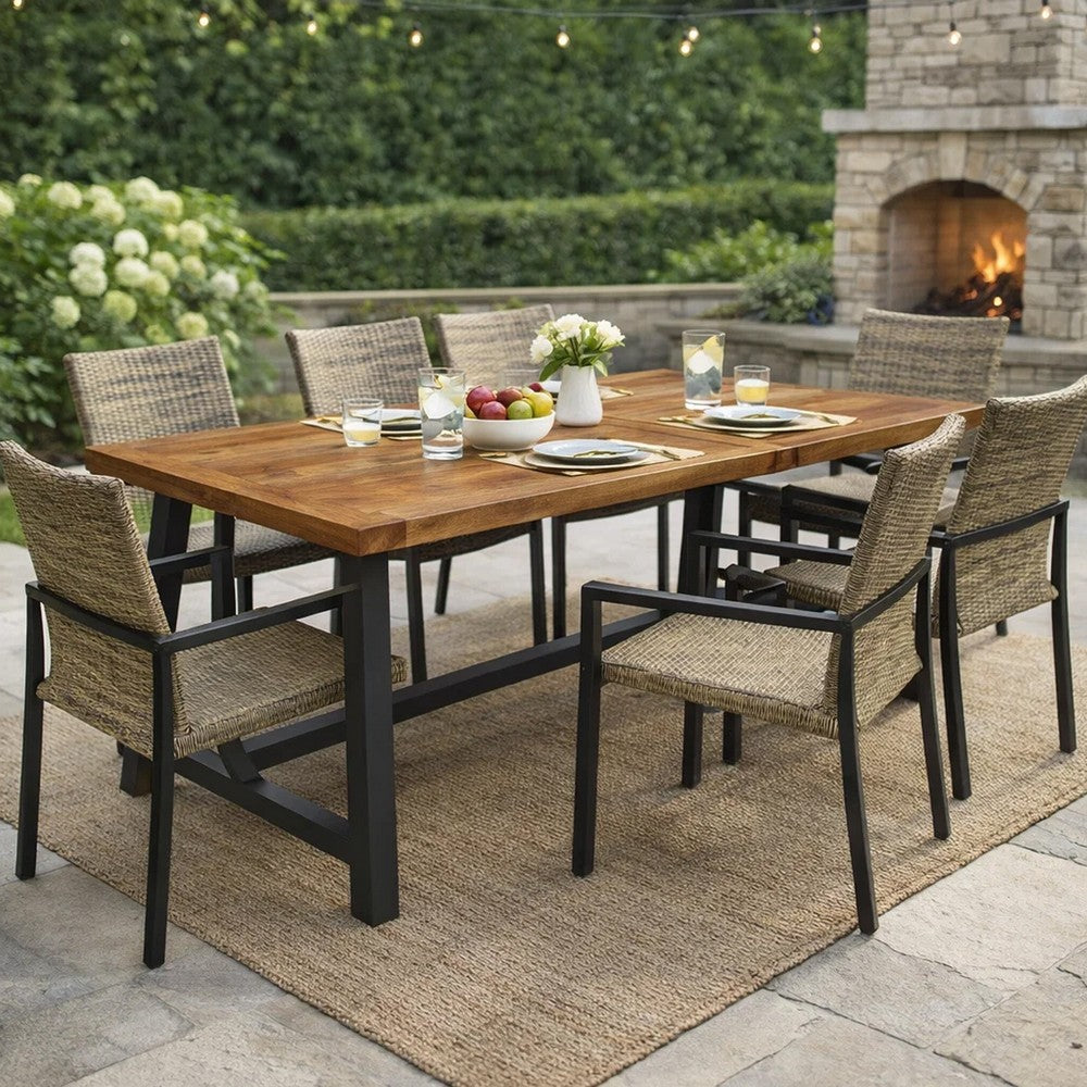 Carls Dining Table, Rectangular 71 Inch, Outdoor Light Brown Wood, Iron