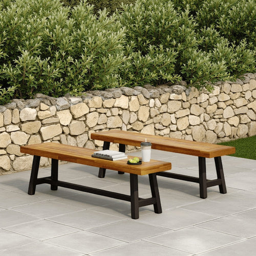 Leslee Outdoor Bench Set of 2, Light Brown Wood, Black Metal, 63 Inch