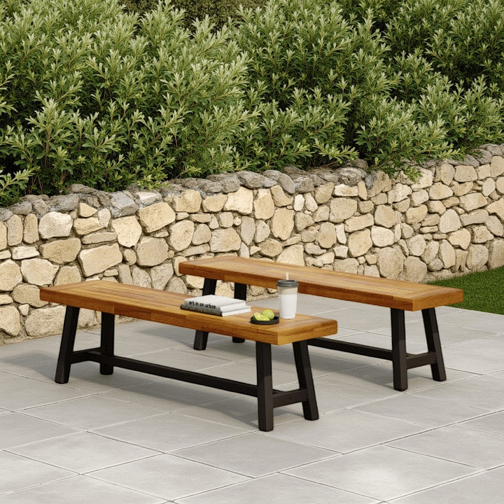 Leslee Outdoor Bench Set of 2, Light Brown Wood, Black Metal