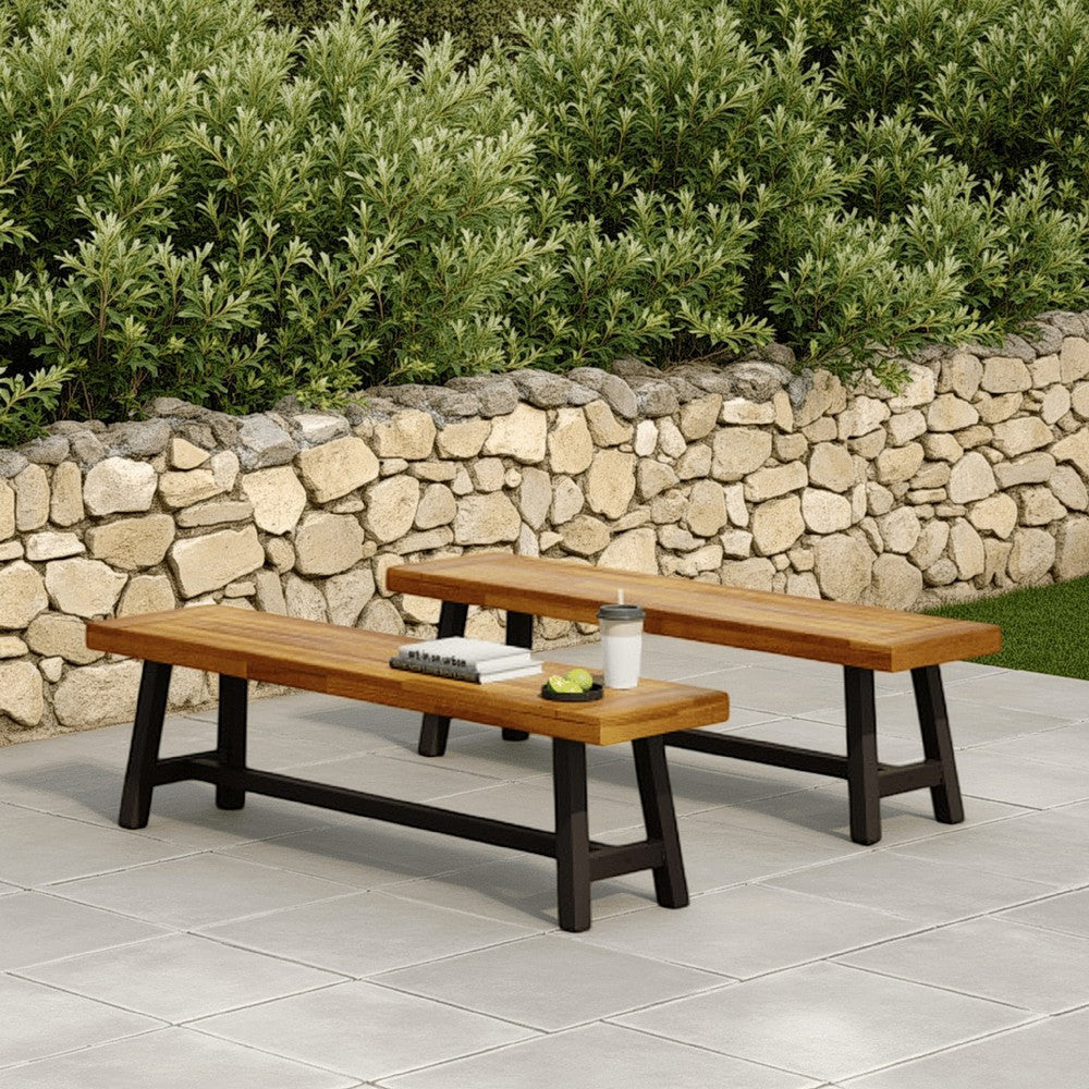 Leslee Outdoor Bench Set of 2, Light Brown Wood, Black Metal, 63 Inch