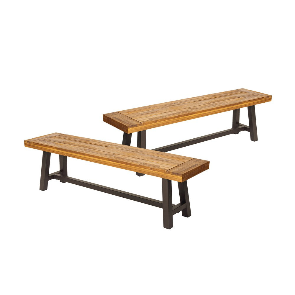 Leslee Outdoor Bench Set of 2, Light Brown Wood, Black Metal
