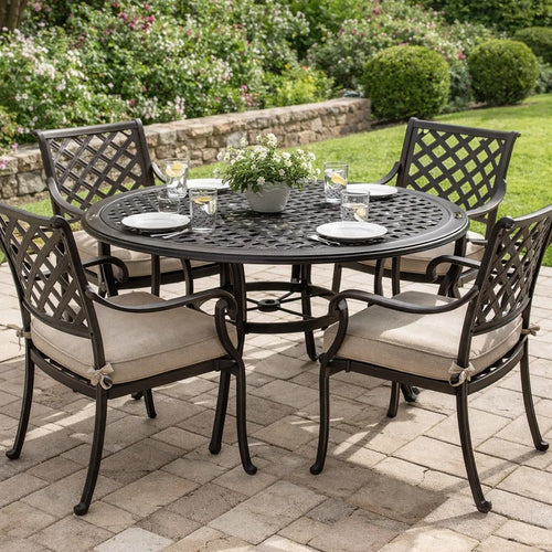 Simon Outdoor Dining Table, Round 47 Inch, Bronze Finished Cast Metal Frame