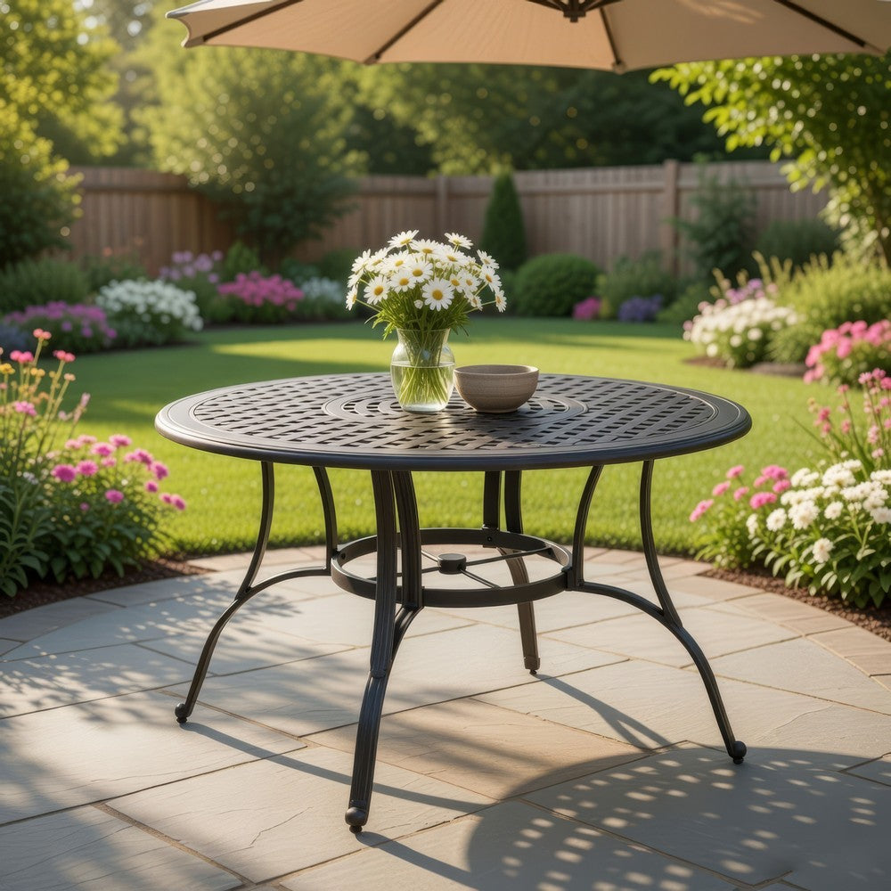 Simon Outdoor Dining Table, Round 47", Bronze Metal Frame