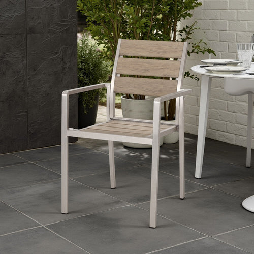 Remo Dining Chair Set of 2, Outdoor Brown Faux Wood Seat, Silver Metal