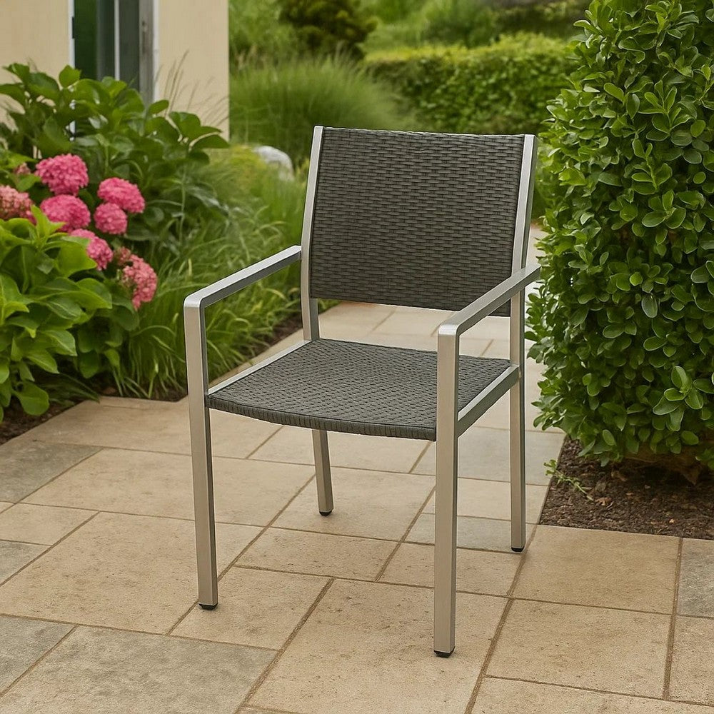 Kory Dining Chair Set of 2, Outdoor Woven Black Wicker Seat, Back, Gray