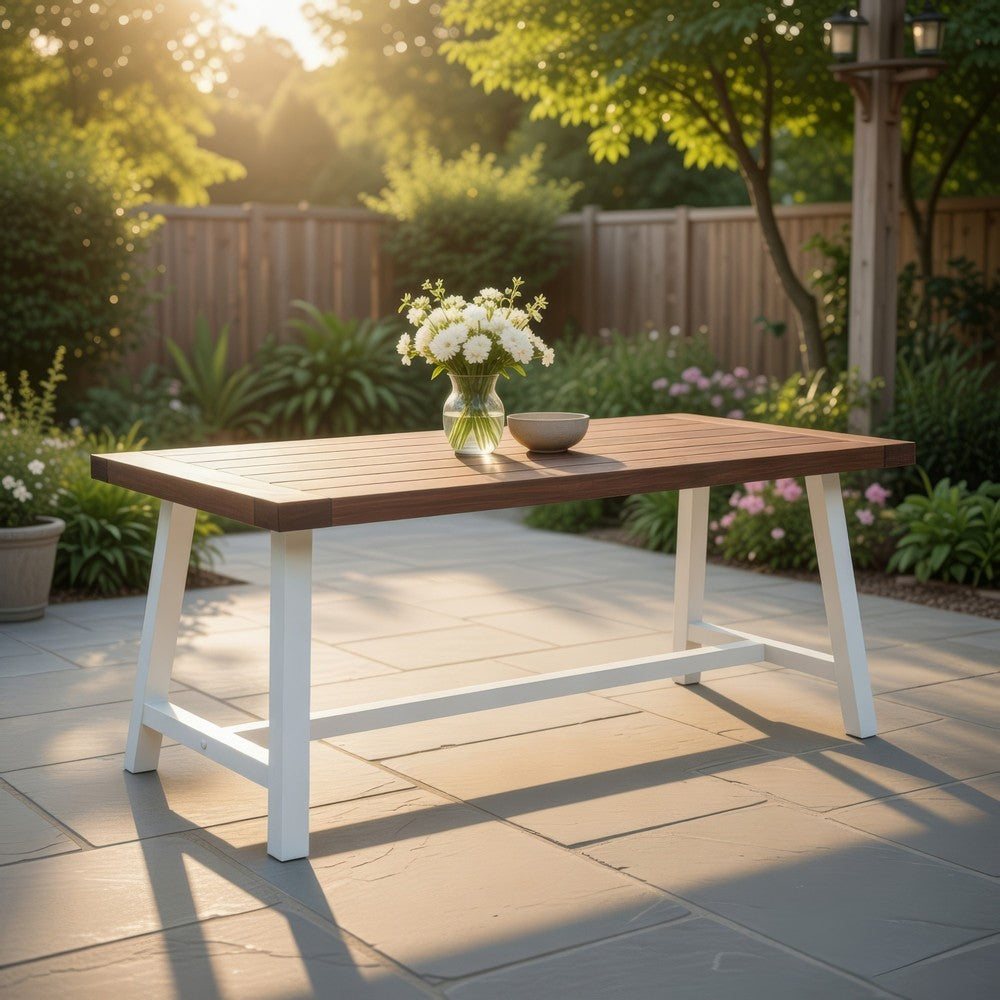 Nikay Outdoor Dining Table, Brown Acacia Wood, White, 71"