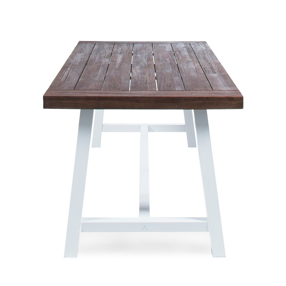Nikay Outdoor Dining Table, Dark Brown Acacia Wood, White Iron, 71 Inch
