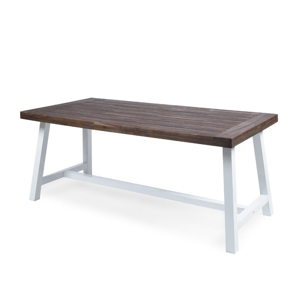 Nikay Outdoor Dining Table, Dark Brown Acacia Wood, White Iron, 71 Inch