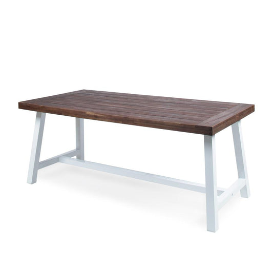 Nikay Outdoor Dining Table, Dark Brown Acacia Wood, White Iron, 71 Inch