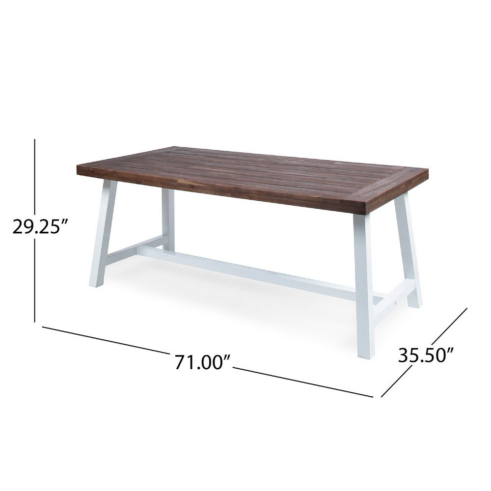 Nikay Outdoor Dining Table, Dark Brown Acacia Wood, White Iron, 71 Inch
