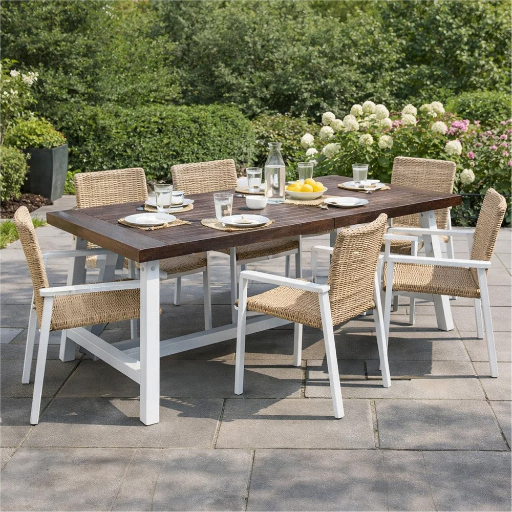 Nikay Outdoor Dining Table, Dark Brown Acacia Wood, White Iron, 71 Inch