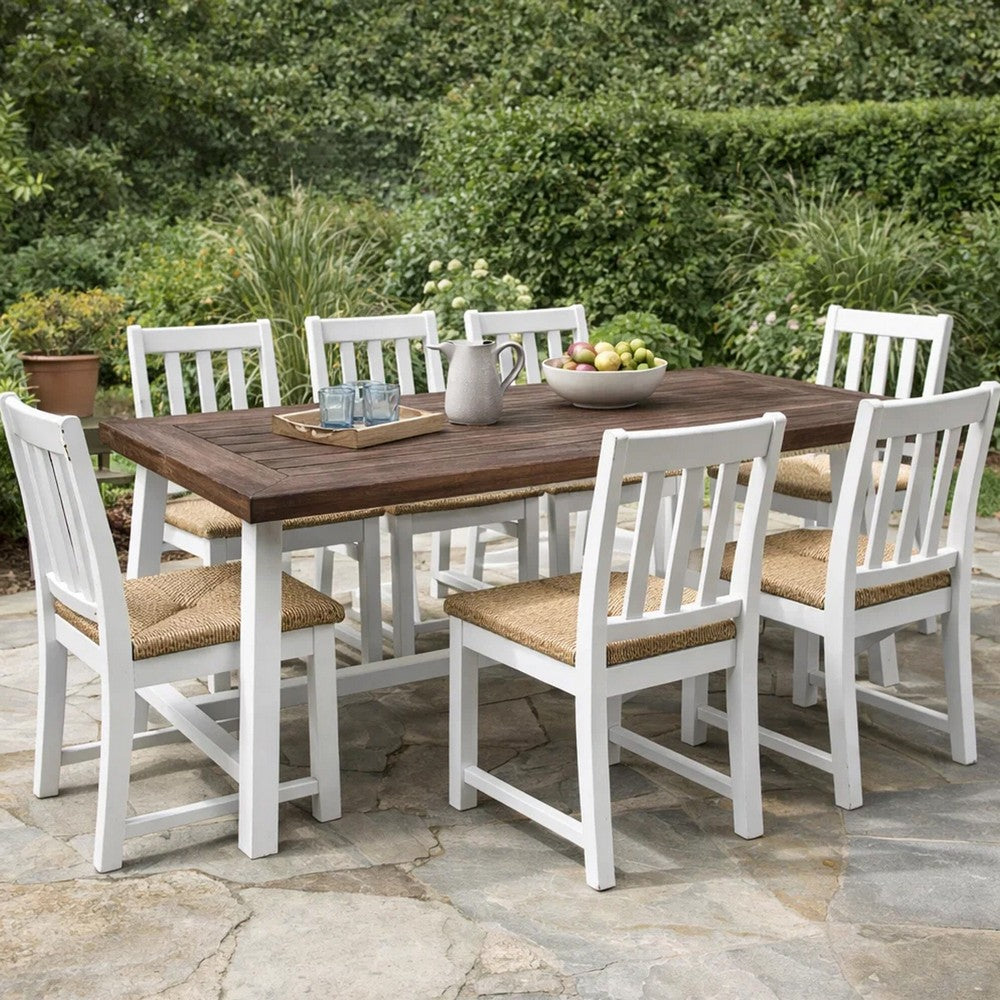 Nikay Outdoor Dining Table, Dark Brown Acacia Wood, White Iron, 71 Inch