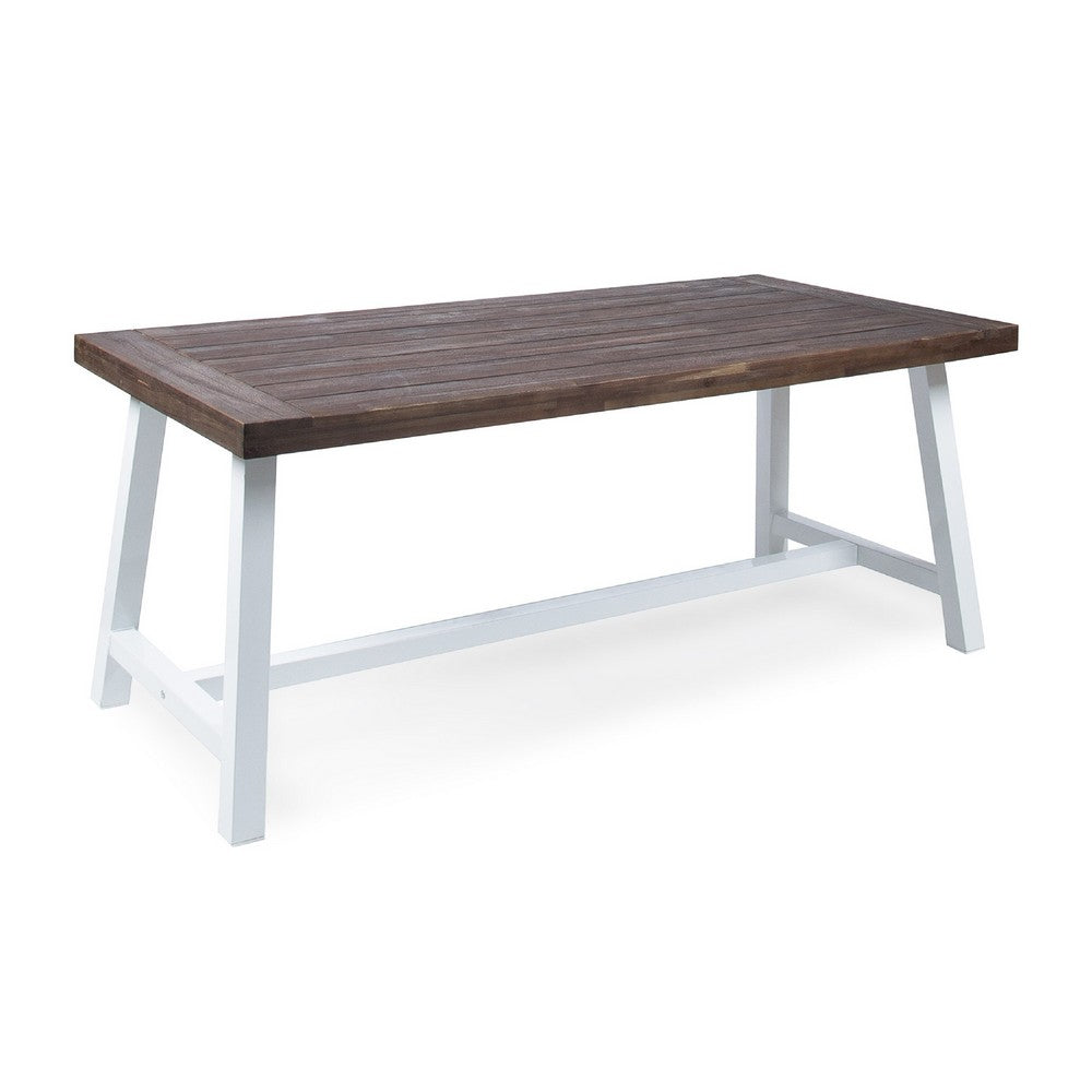 Nikay Outdoor Dining Table, Dark Brown Acacia Wood, White Iron, 71 Inch