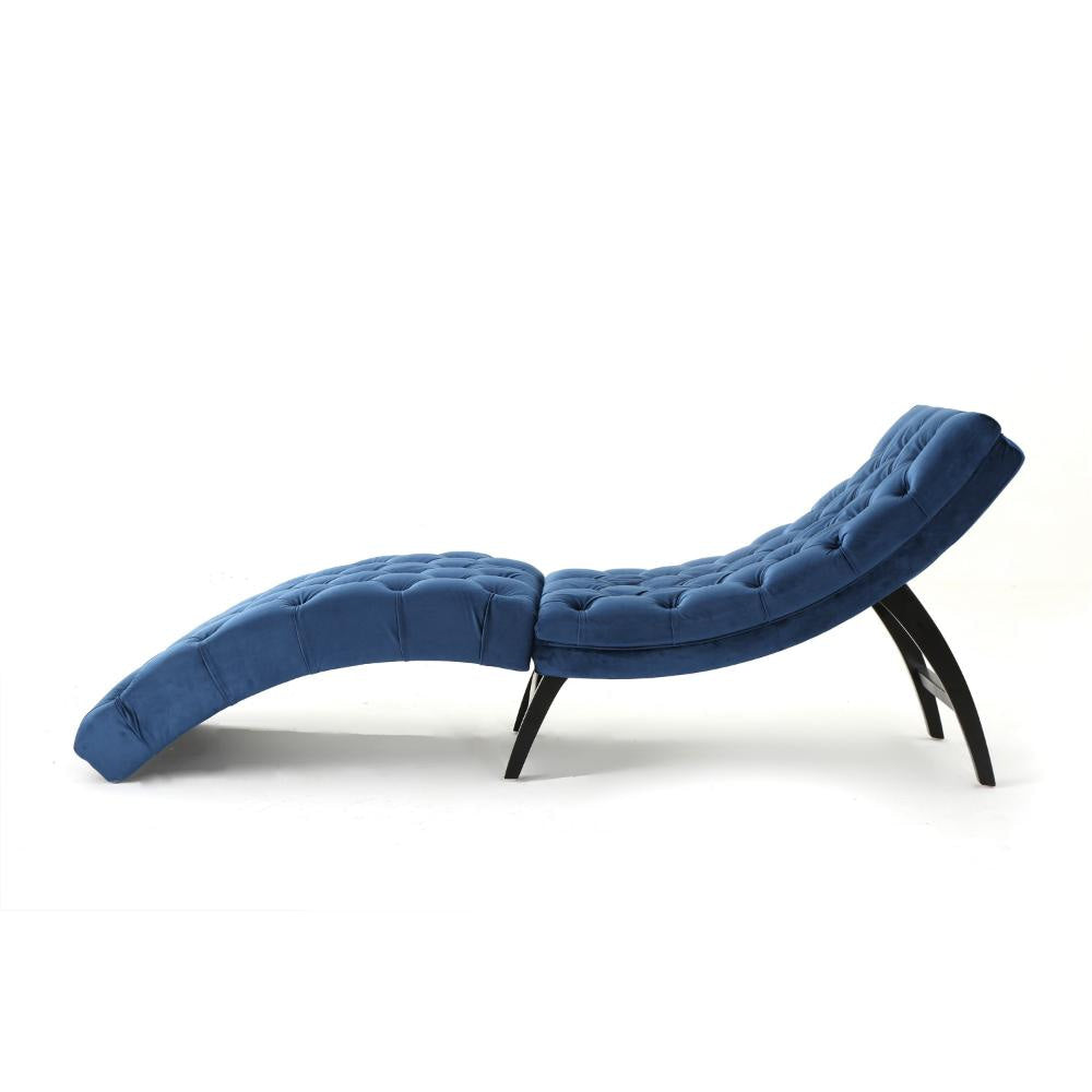Greta Lounge Chaise Navy Blue Tufted Velvet Black Wood 73 Inch BM323564