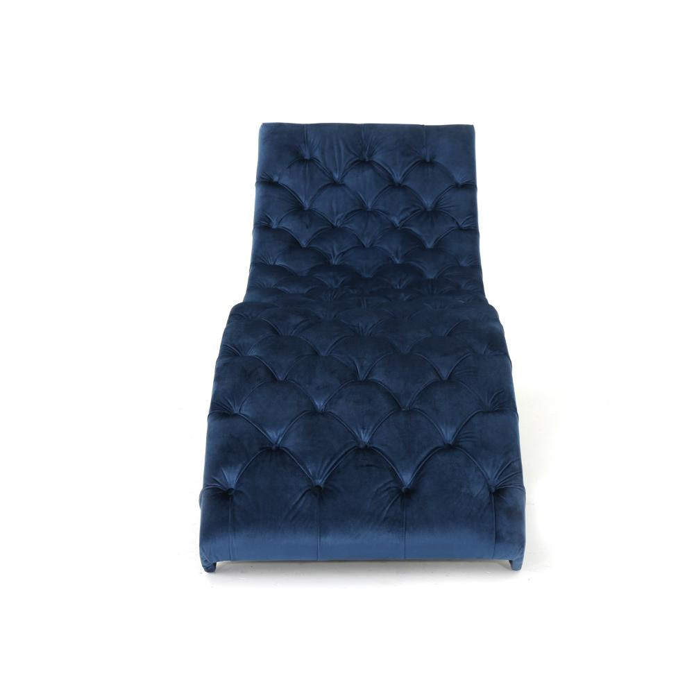 Greta Lounge Chaise Navy Blue Tufted Velvet Black Wood 73 Inch BM323564