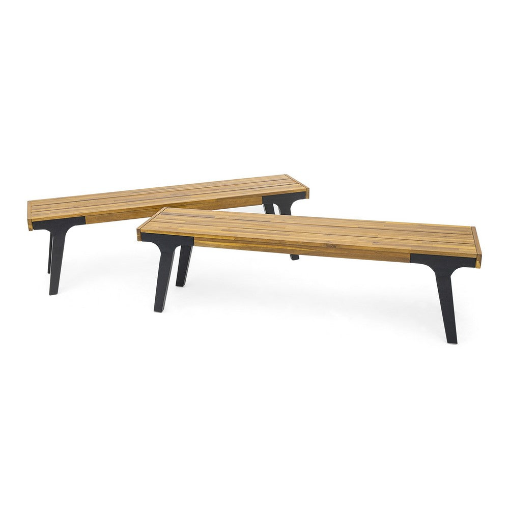 Sheldon Outdoor Bench Set of 2, Brown Wood, Black Legs, 63"
