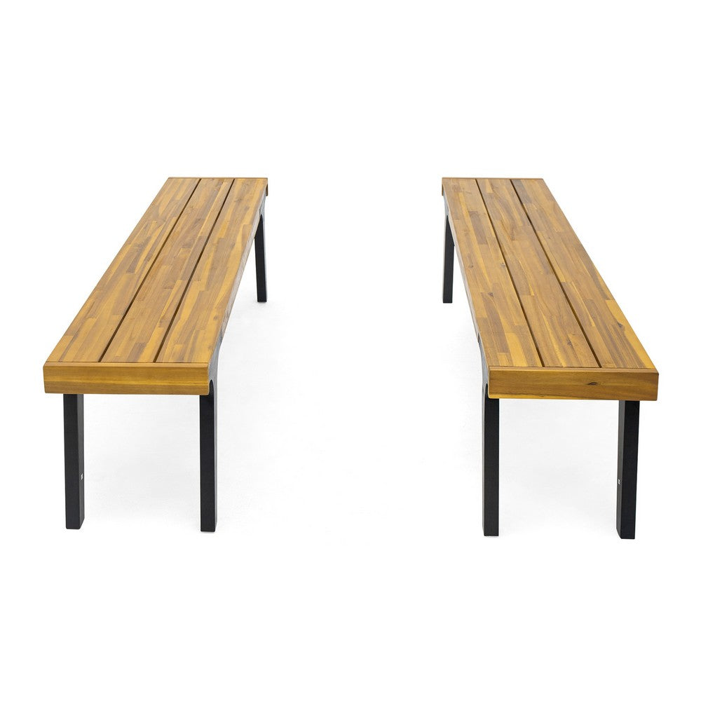 Sheldon Outdoor Bench Set of 2, Brown Wood, Black Legs, 63"
