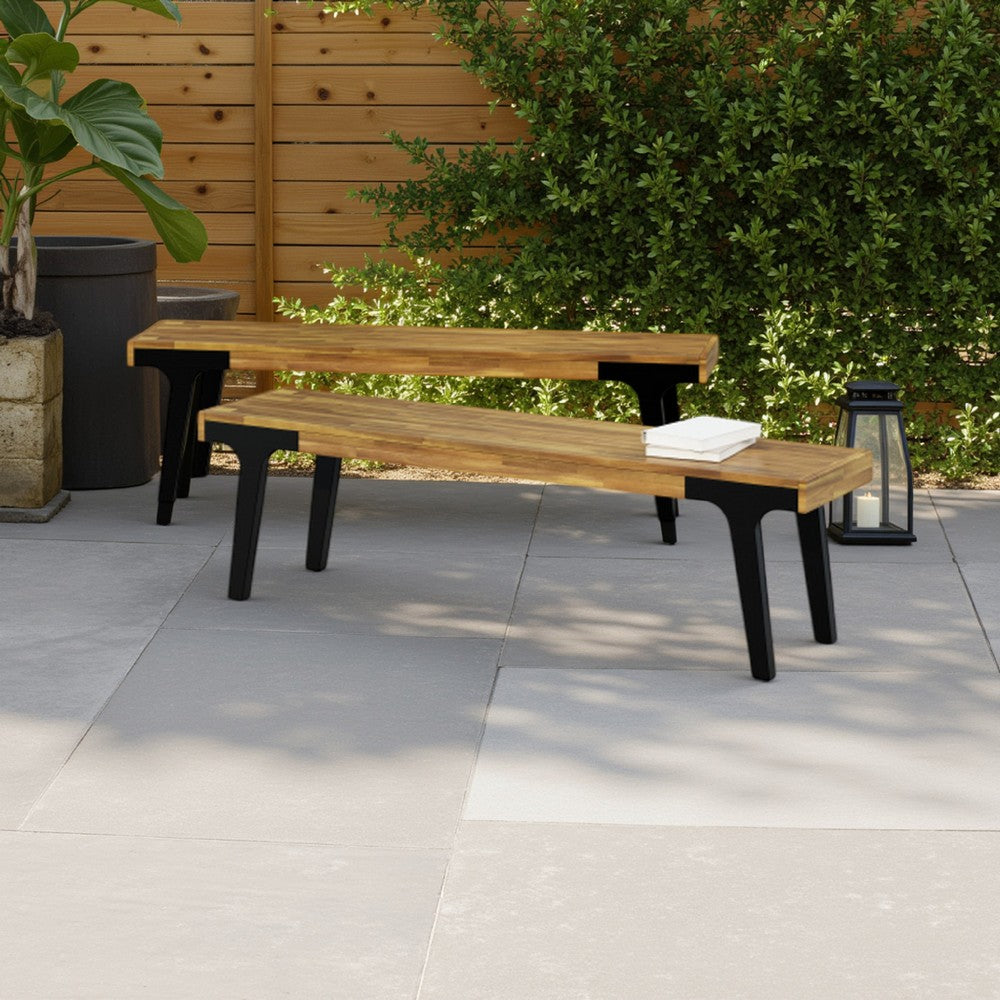 Sheldon Outdoor Bench Set of 2, Brown Wood, Black Legs, 63"