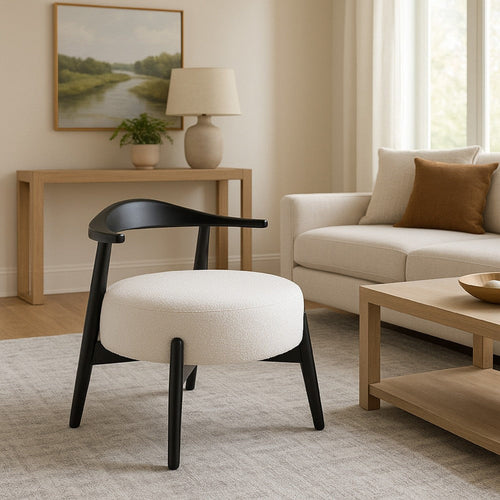Noel Accent Chair, White Fabric, Round Foam Cushion, Black Wood Frame