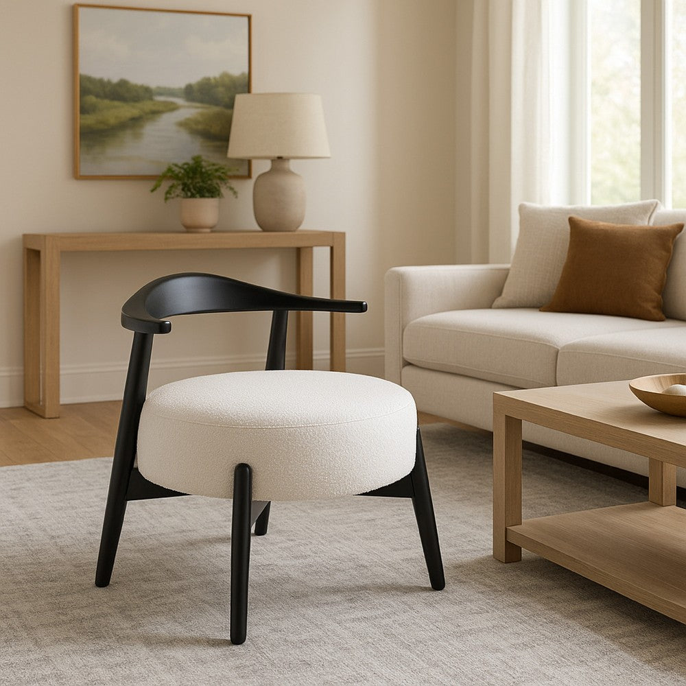 Noel Accent Chair, White Fabric, Round Foam Cushion, Black