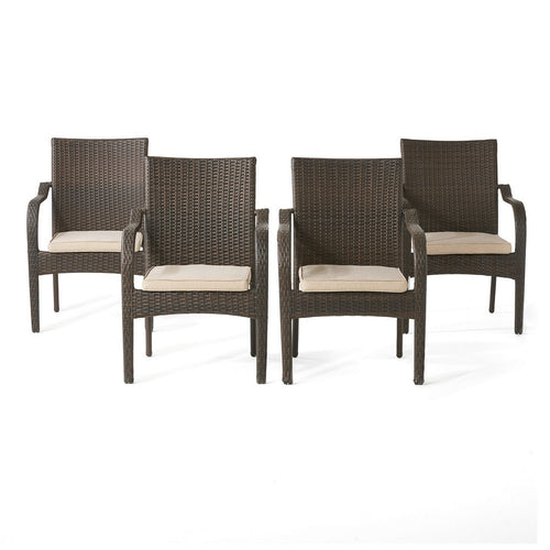 Laila Outdoor Stackable Chair Set of 4, Beige, Brown Rattan