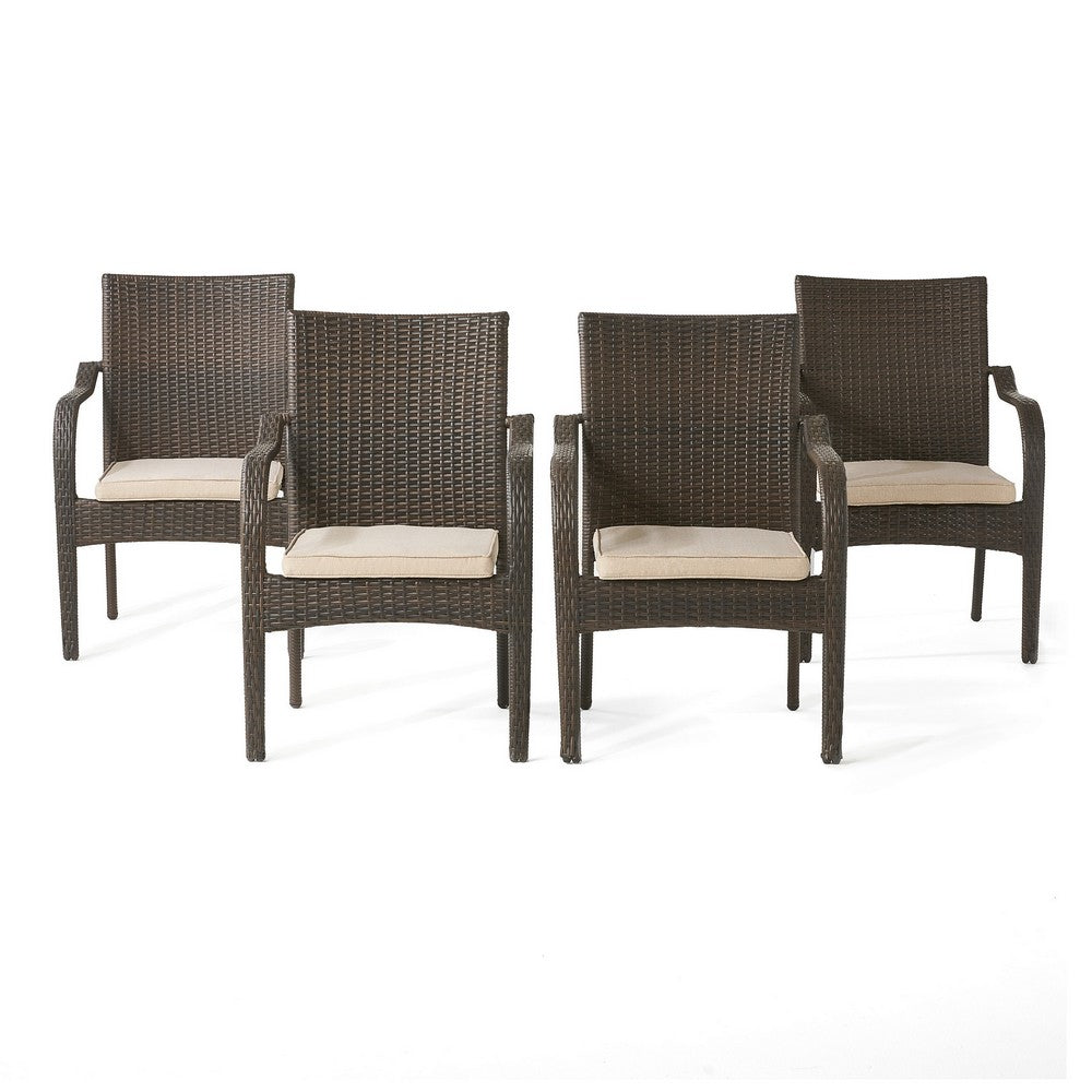 Laila Outdoor Stackable Chair Set of 4, Beige, Brown Rattan