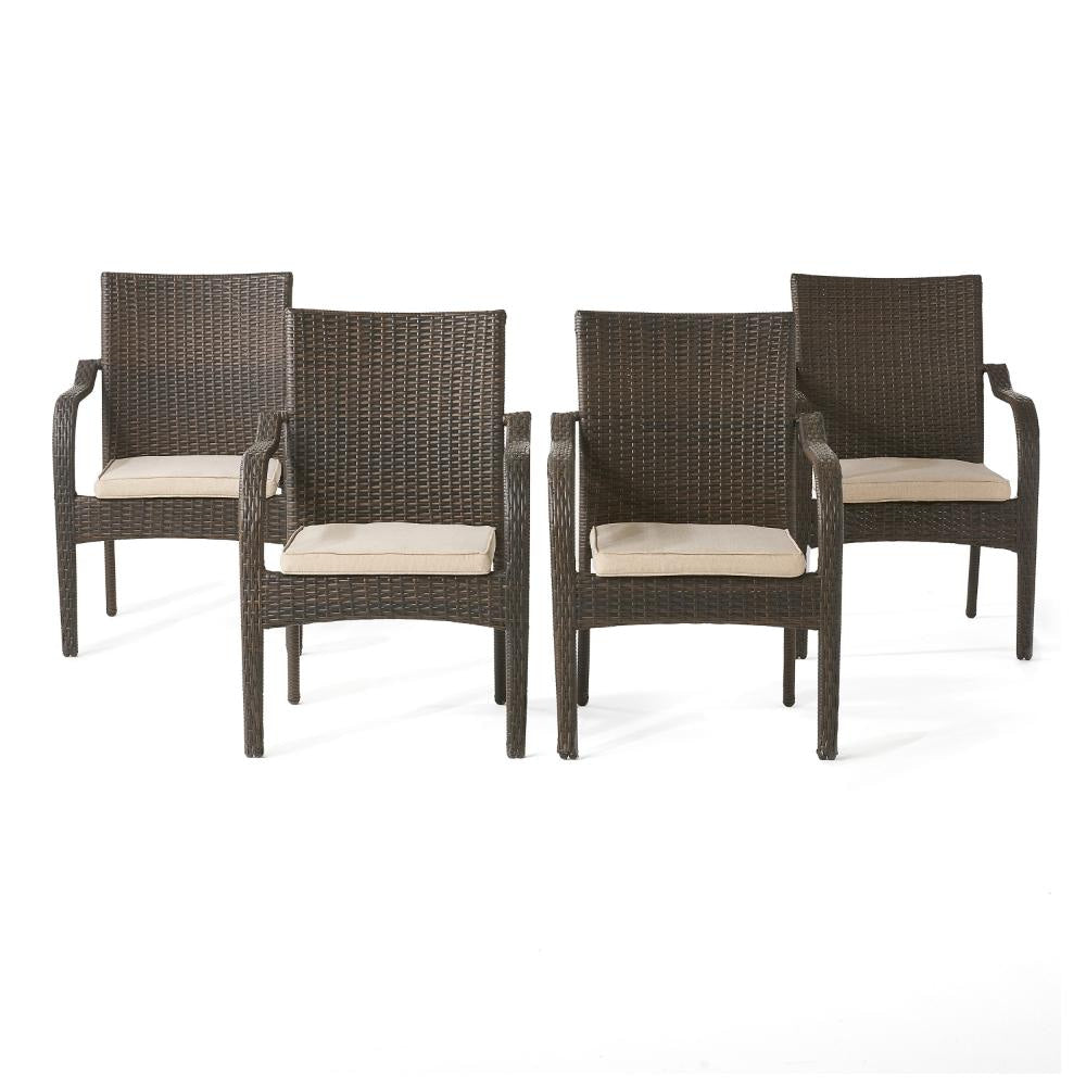 Laila Outdoor Stackable Dining Chair Set of 4, Beige Seat Brown Rattan