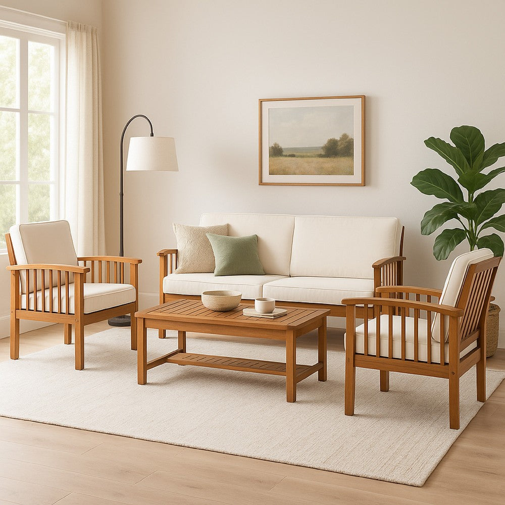 Sayan 4pc Outdoor Coffee Table Set, Loveseat, 2 Chairs, Beige, Brown