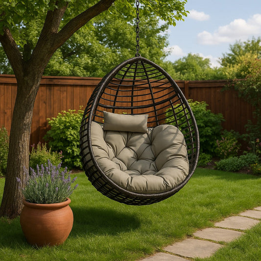 Jaya Outdoor Hanging Chair, Basket Shape, Khaki Brown Rattan, 47 Inch