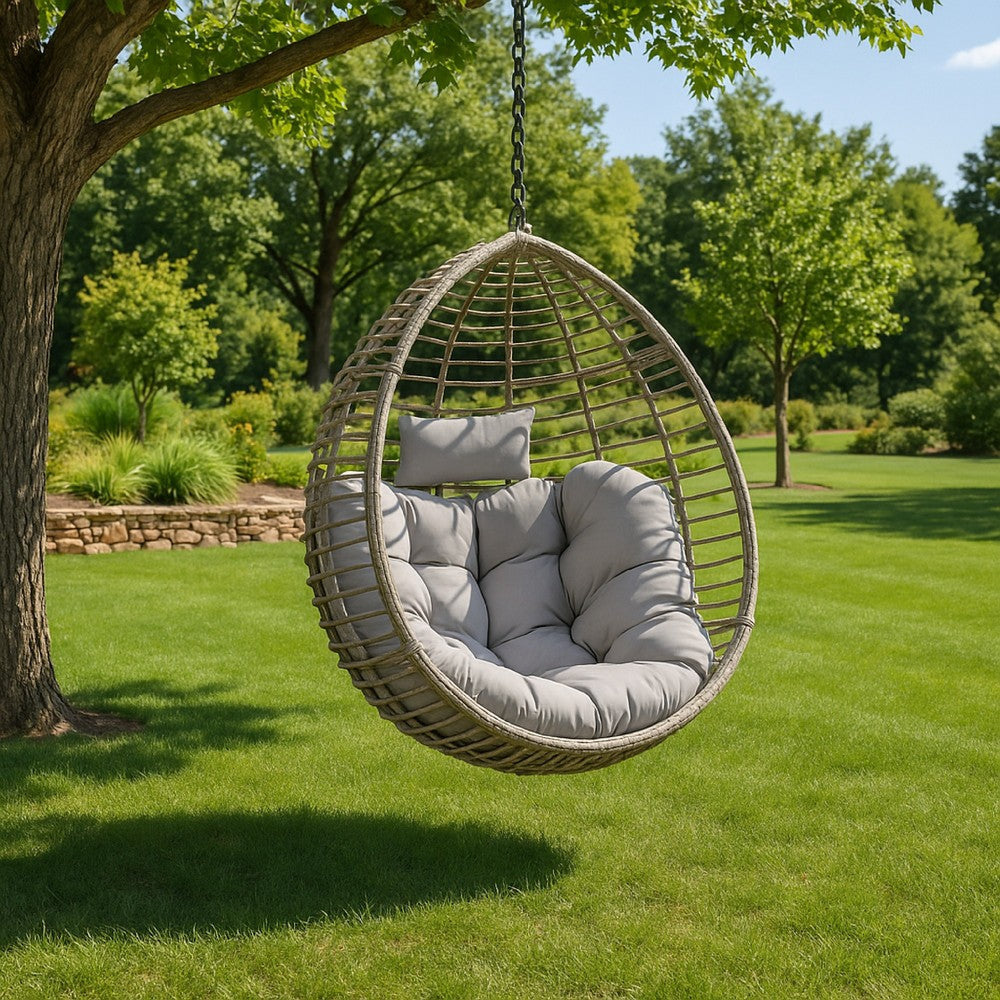 Jaya Outdoor Hanging Chair, Basket Shape, Gray Rattan, Steel, 47 Inch