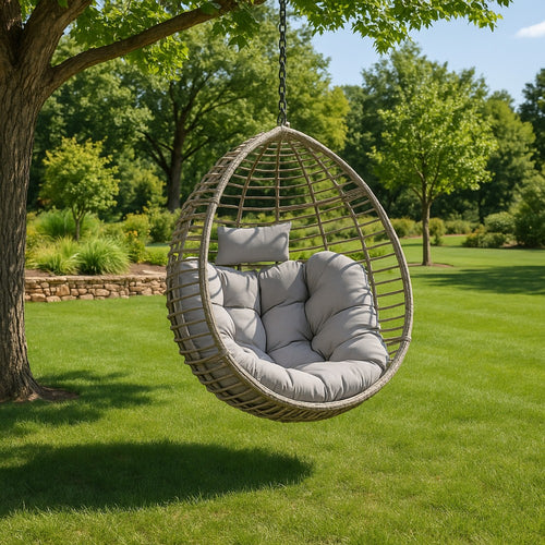 Jaya Outdoor Hanging Chair, Basket Shaped Gray Wicker, 47