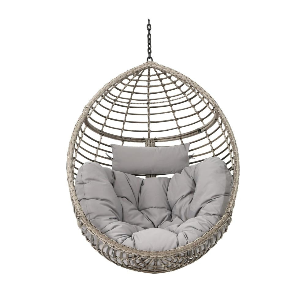 Jaya Outdoor Hanging Chair, Basket Shape, Gray Rattan, Steel, 47 Inch